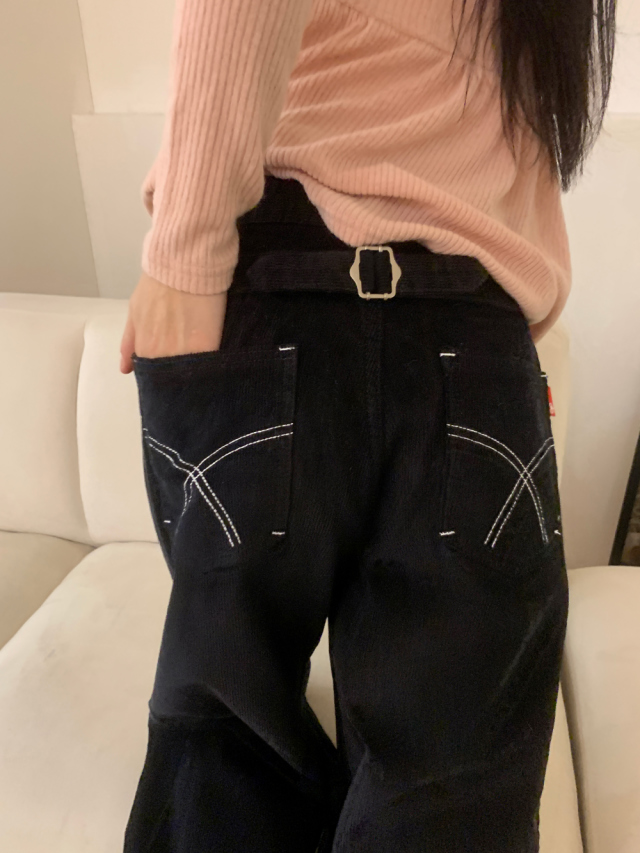 黒パンツ 秋冬新作黒デニムパンツワイドシルエット個性的ステッチ