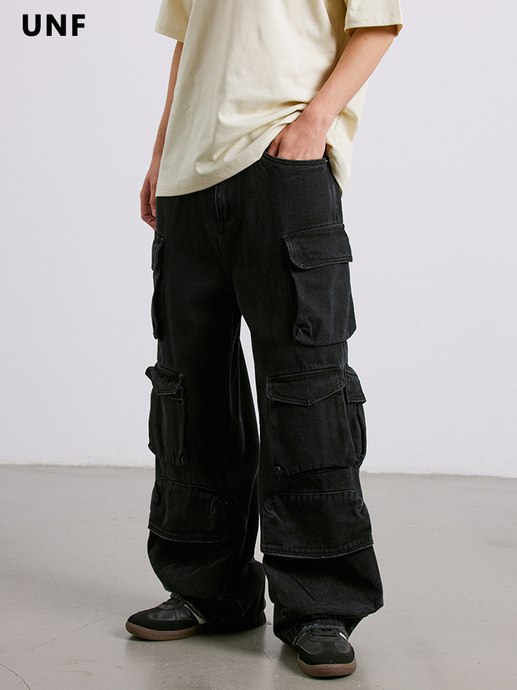 黒パンツ 多機能ポケット付き黒カーゴパンツ男女兼用