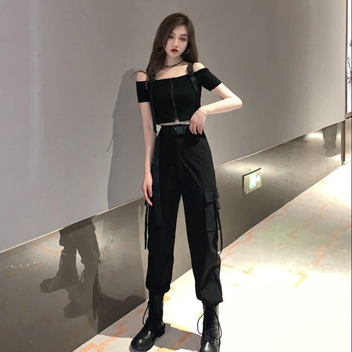 黒パンツ ポケット多機能実用的カーゴパンツ
