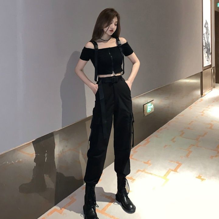黒パンツ ポケット多機能実用的カーゴパンツ