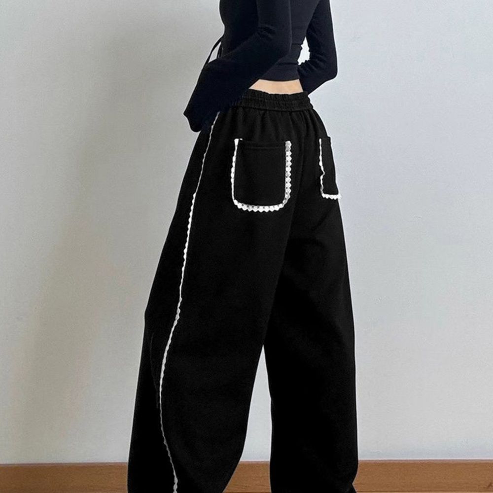 黒パンツ サイド白レース装飾ゆったり黒スウェットパンツ