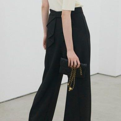 黒パンツ 韓国風レディースワイドパンツ リボンデザイン