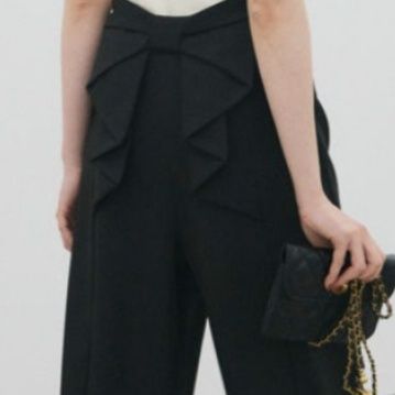 黒パンツ 韓国風レディースワイドパンツ リボンデザイン