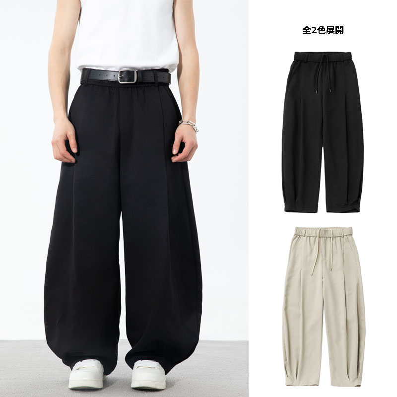 男性用ワイドシルエットテーパードパンツ 黒パンツ タック入り