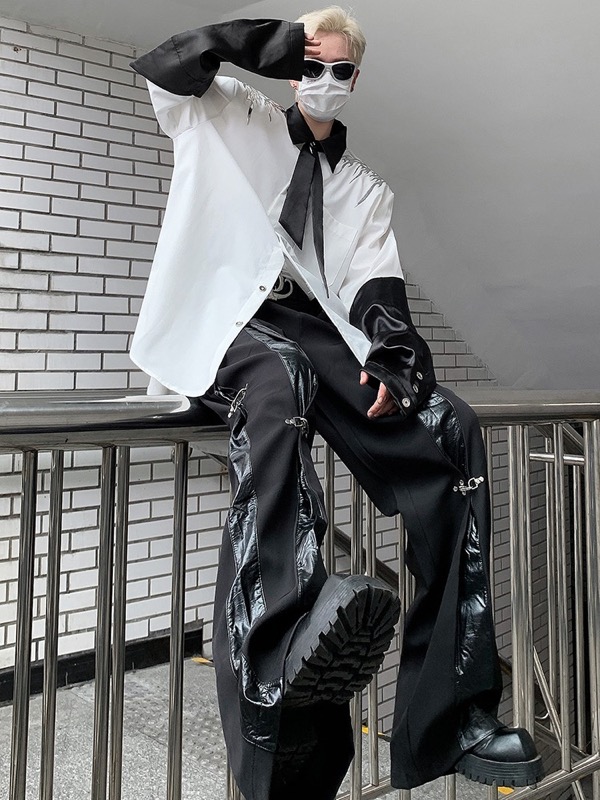 黒パンツ 合皮 ハイウエスト ストレート メンズ