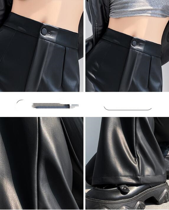 黒パンツ 秋冬新作黒革調フレアパンツ