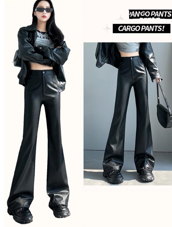 黒パンツ 秋冬新作黒革調フレアパンツ