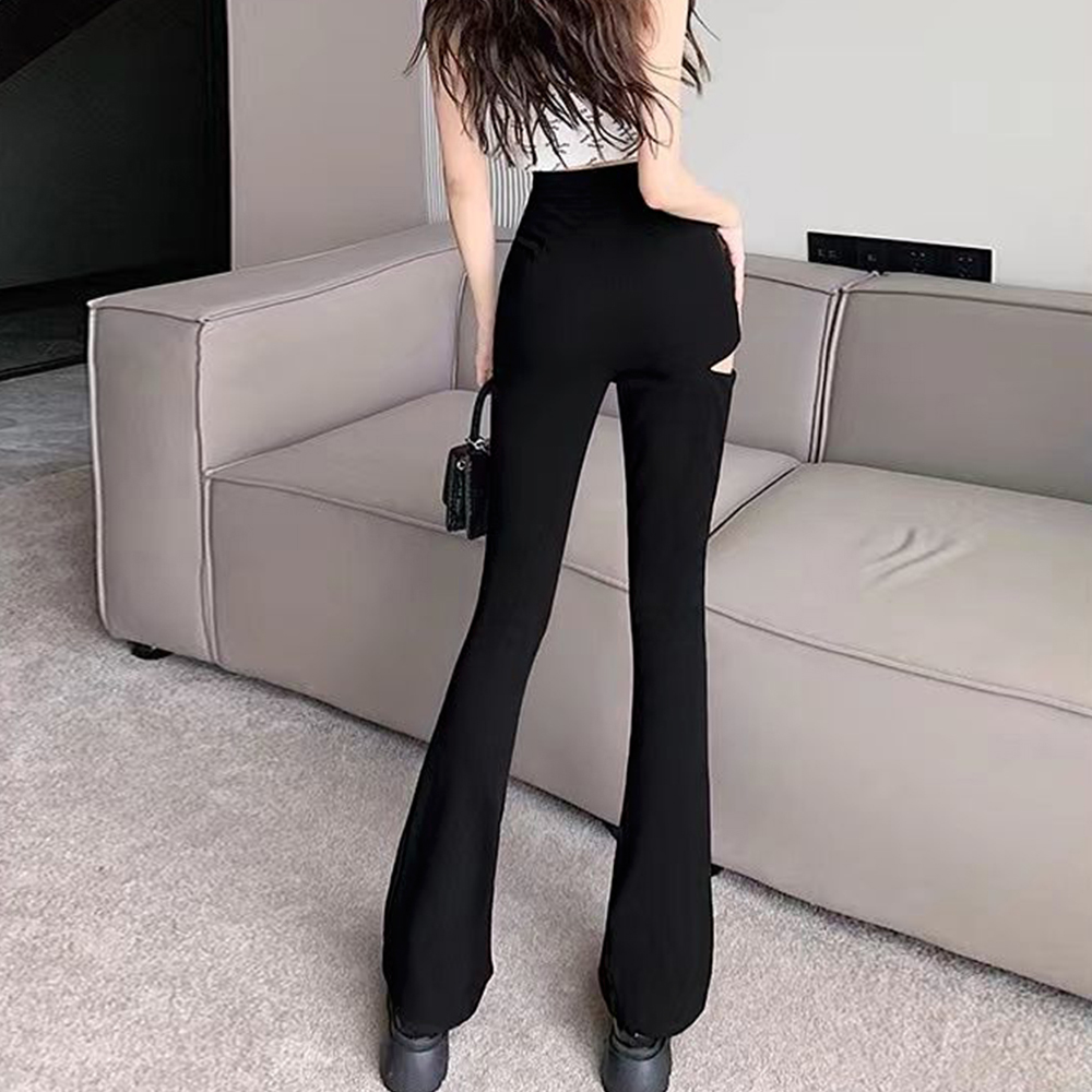 黒パンツ ダメージ加工フレアパンツ黒レディース美脚韓国風