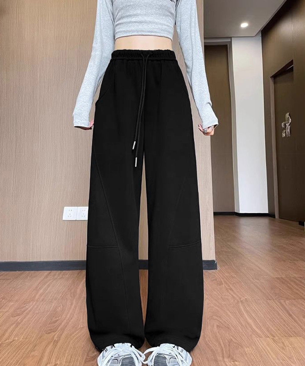 黒パンツ レディース ゆったりワイドパンツ ゴム仕様楽ちんズボン