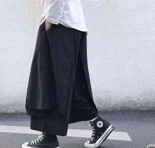 黒パンツ 暗黒系レイヤード九分丈ワイドパンツ