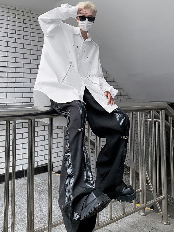 黒パンツ 合皮 ハイウエスト ストレート メンズ