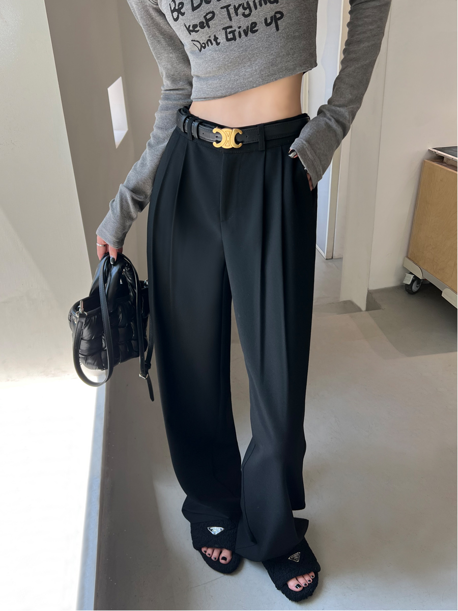 黒パンツ 洗練ハイウエストワイドパンツ
