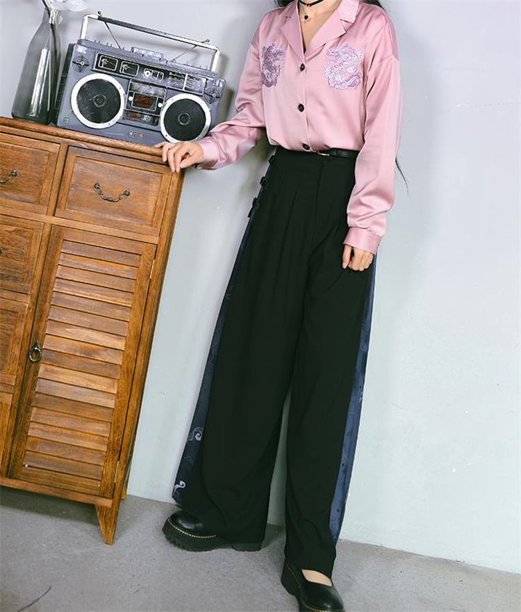 黒パンツ 黒ワイドパンツ 狐影柄 中国風改良版 秋向け
