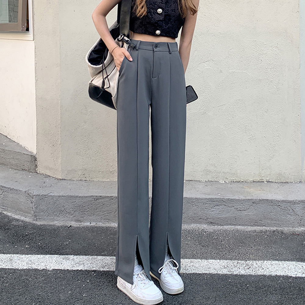 黒パンツ フロントスリット スラックス 美脚