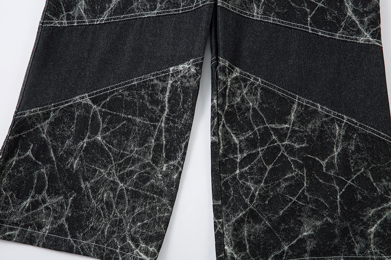 黒パンツ 男女兼用 黒デニム ワイドパンツ クラック柄 ヴィンテージ風