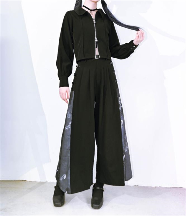 黒パンツ 黒ワイドパンツ 狐影柄 中国風改良版 秋向け