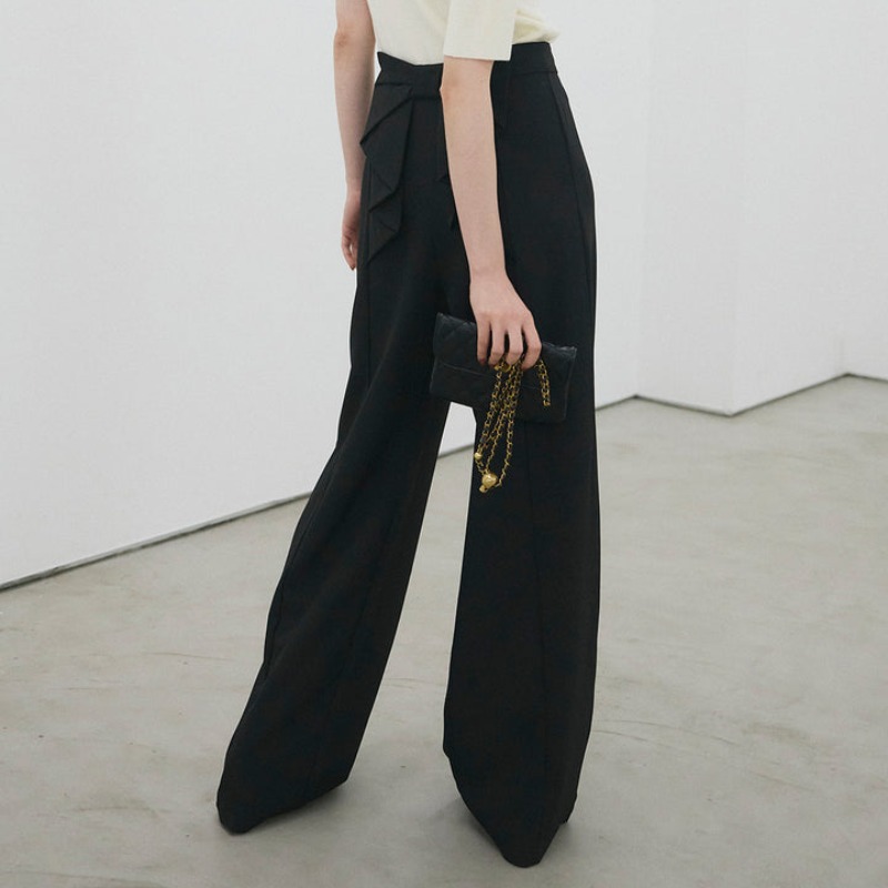 黒パンツ 韓国風レディースワイドパンツ リボンデザイン二色展開