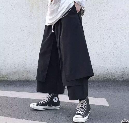 黒パンツ 暗黒系レイヤード九分丈ワイドパンツ