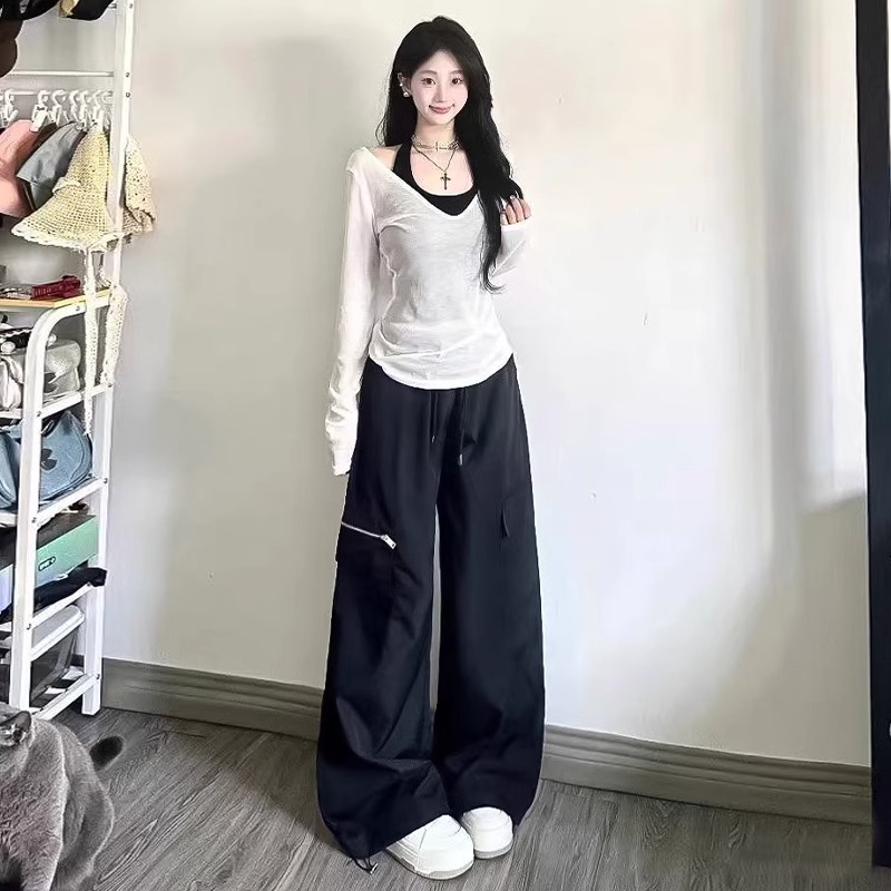 黒パンツ ワイドシルエット実用ポケットパンツ