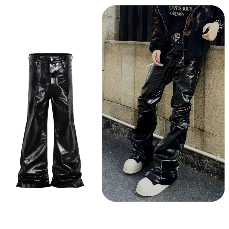 黒パンツ 男女兼用 ワーク風 黒レザー調 ベルボトム パンツ