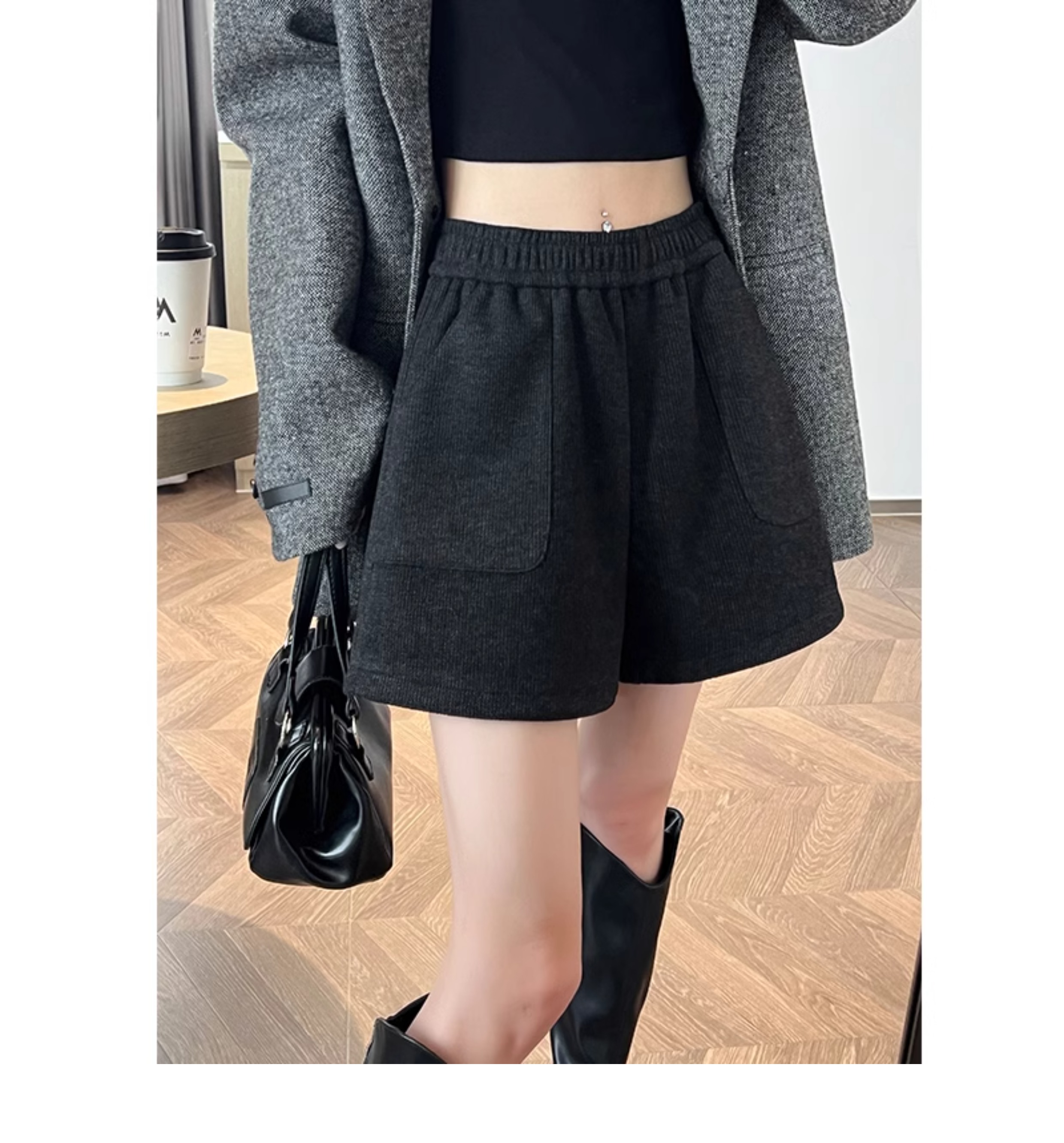 黒パンツ コーデュロイふんわりショートパンツ