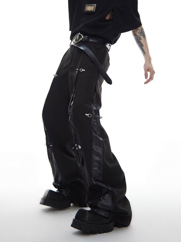 黒パンツ 黒カーゴパンツ メンズ ワイド 合皮切替 多機能ポケット