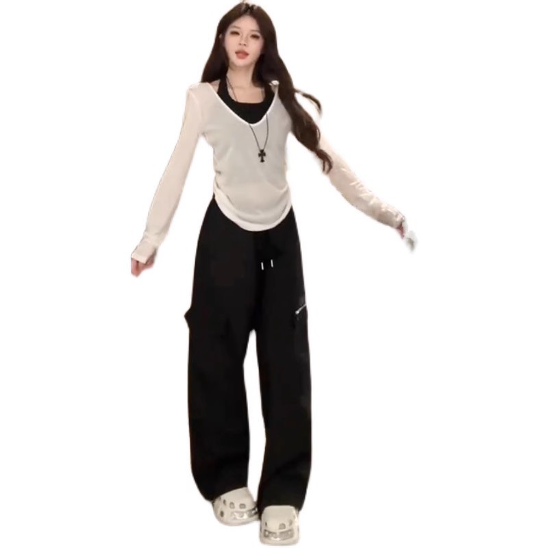 黒パンツ ワイドシルエット実用ポケットパンツ