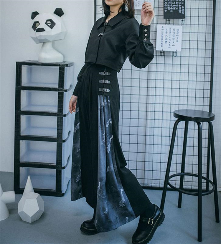 黒パンツ 黒ワイドパンツ 狐影柄 中国風改良版 秋向け