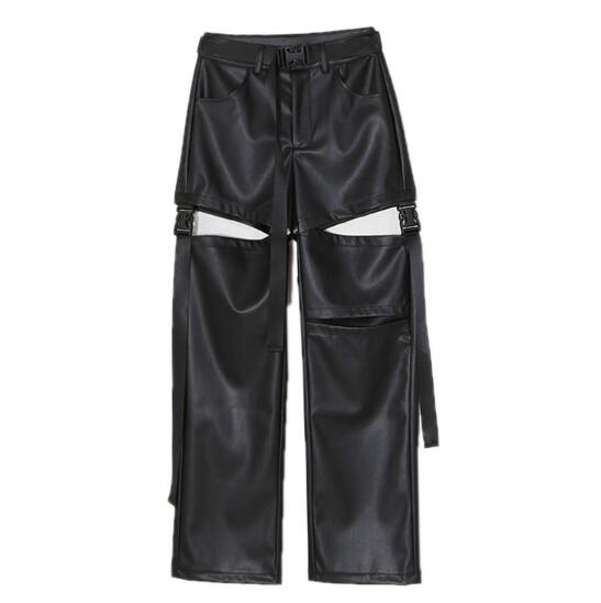 黒パンツ レディース黒フェイクレザーダンスパンツ