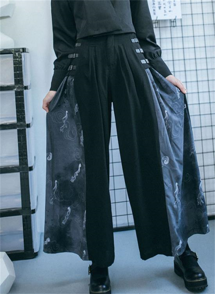 黒パンツ 黒ワイドパンツ 狐影柄 中国風改良版 秋向け