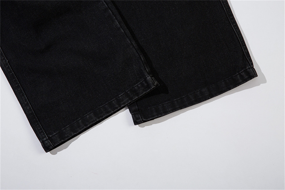 黒パンツ 刺繍入り黒デニムパンツ 男女兼用 ワイドフレア