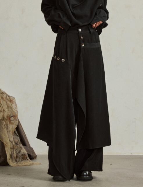 メンズ黒パンツ ワイド不規則デザイン暗黒系ズボン
