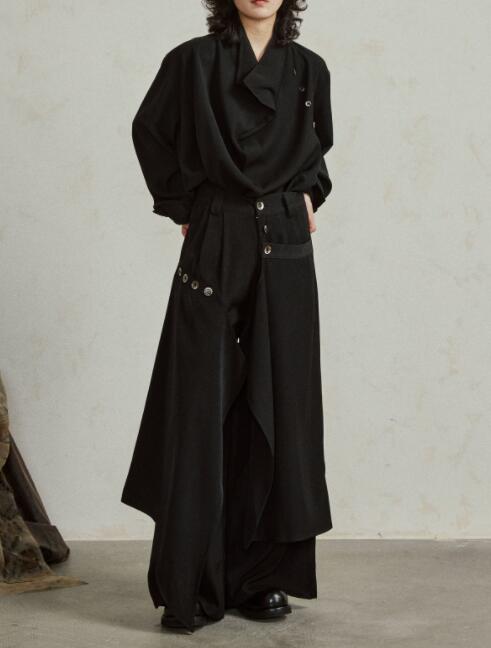 メンズ黒パンツ ワイド不規則デザイン暗黒系ズボン