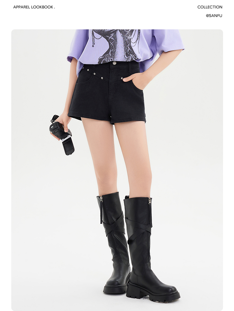黒パンツ すっきり美脚デニムショート