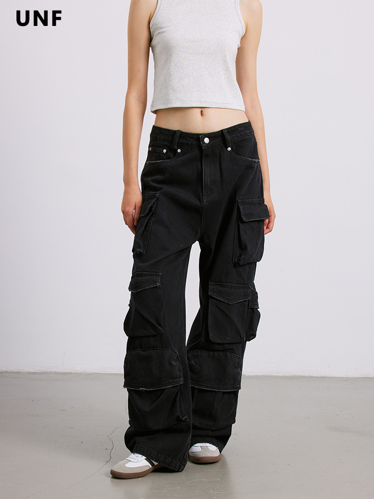 黒パンツ 多機能ポケット付き黒カーゴパンツ男女兼用