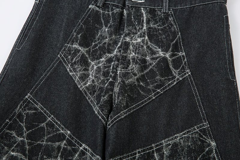 黒パンツ 男女兼用 黒デニム ワイドパンツ クラック柄 ヴィンテージ風