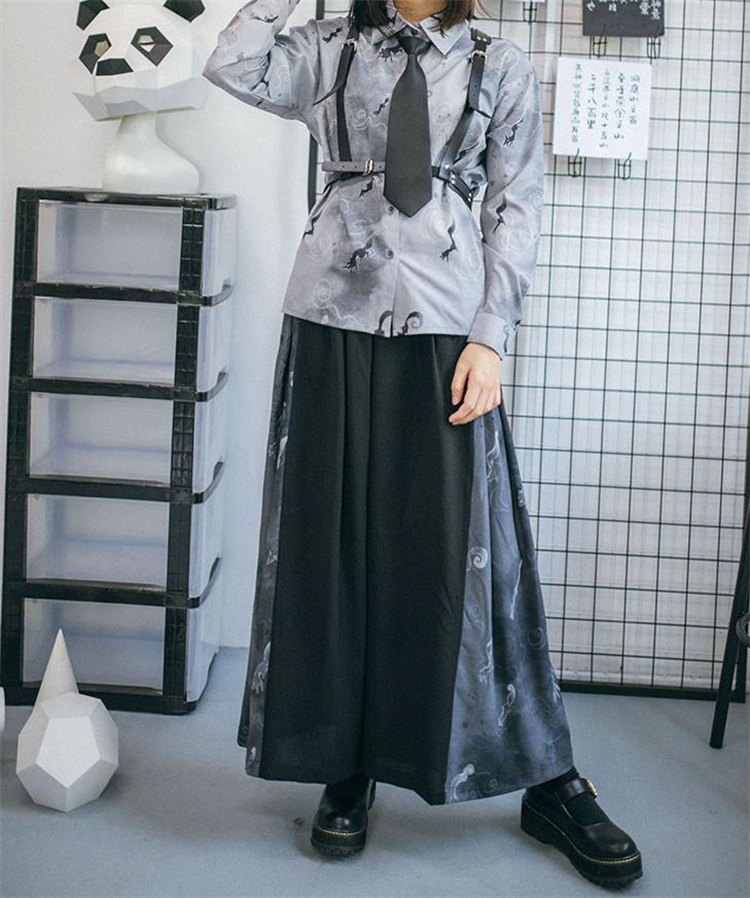 黒パンツ 黒ワイドパンツ 狐影柄 中国風改良版 秋向け