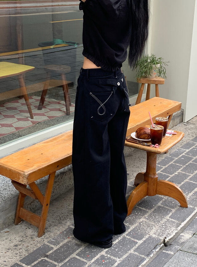 黒パンツ 秋冬新作黒デニムパンツワイドシルエット個性的ステッチ