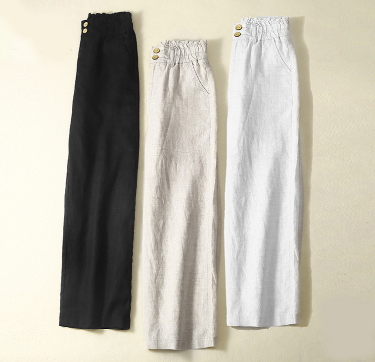 黒パンツ 綿麻ワイドパンツ ウエストゴム 秋冬 レディース
