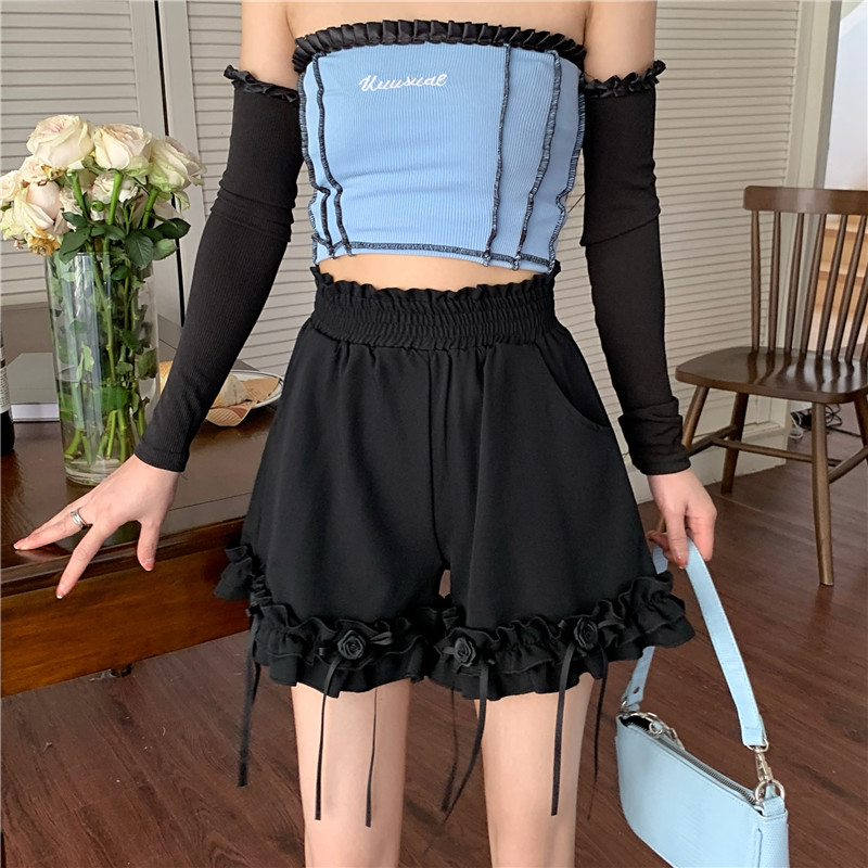 黒パンツ 黒ハイウェストフリルショートパンツ レディース