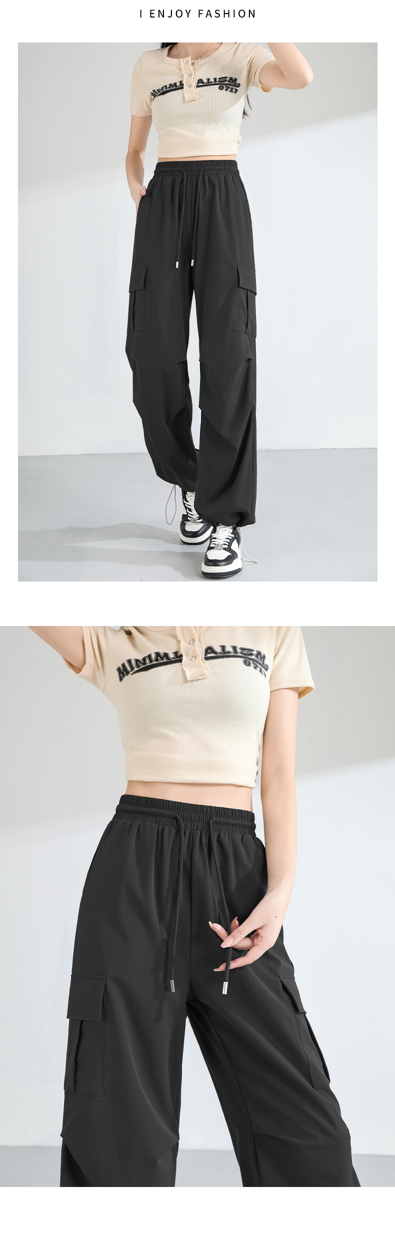 黒パンツ 実用的ポケット付きワイドパンツ