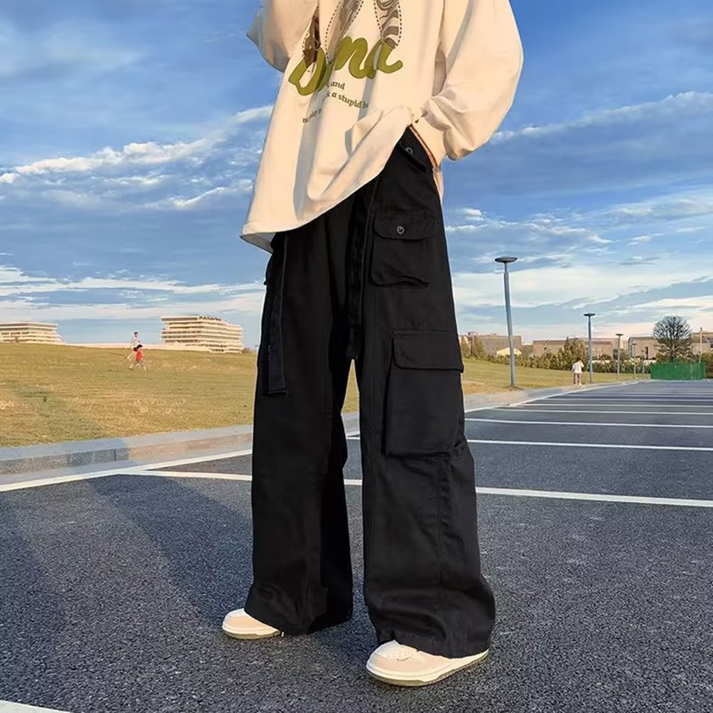 黒パンツ ワイドシルエット カーゴ パンツ