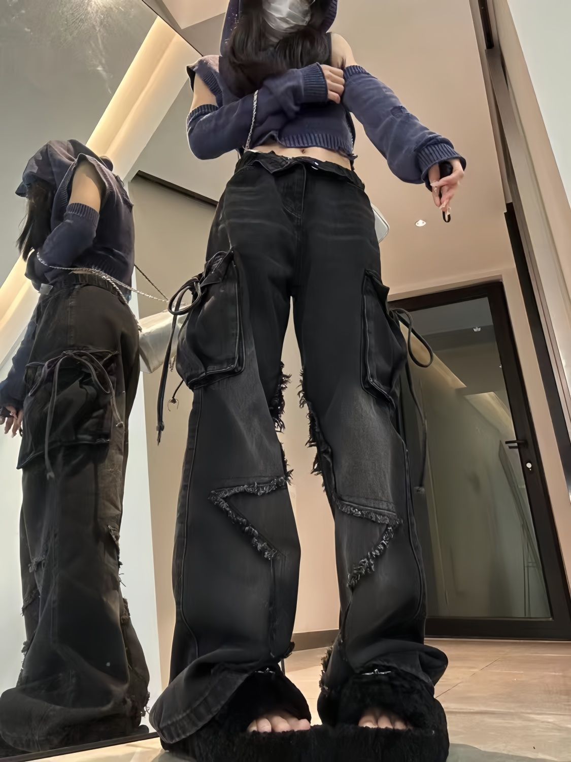 黒パンツ リボン飾りワイドカーゴパンツ