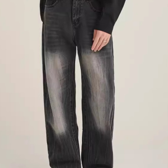 黒パンツ ヴィンテージ加工デニムワイドパンツ