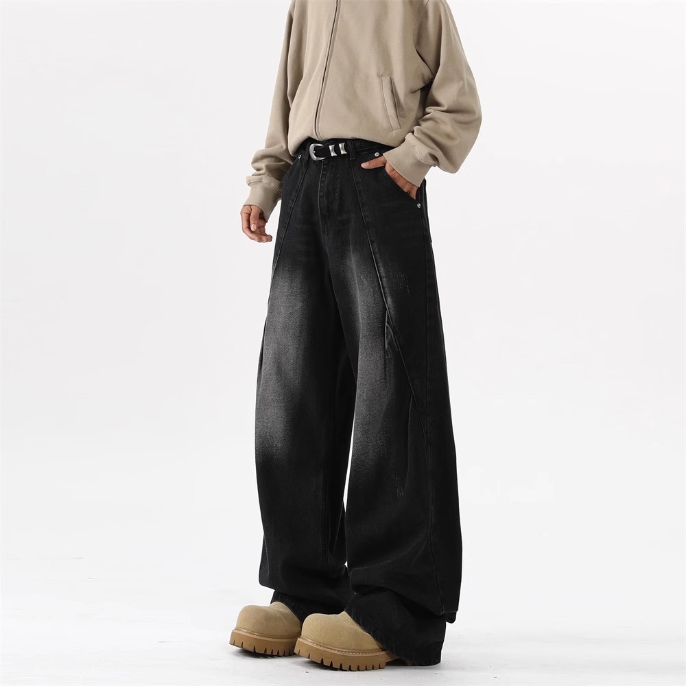 黒パンツ ワイドシルエットデニムパンツ