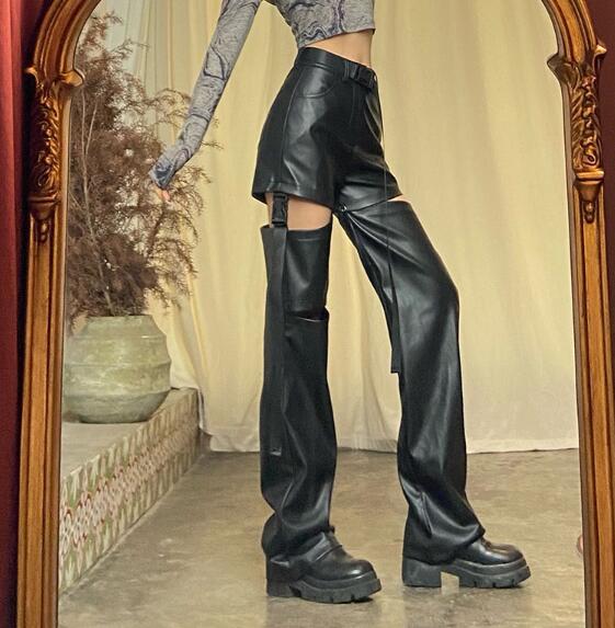 黒パンツ レディース黒フェイクレザーダンスパンツ