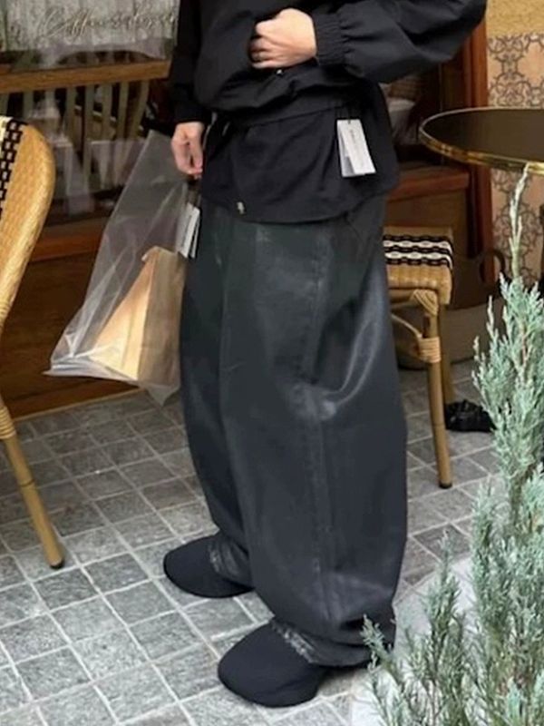 黒パンツ 黒デニムワイドパンツ 男女兼用 ストリート系 秋冬新作