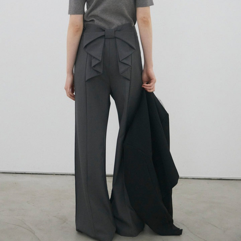 黒パンツ 韓国風レディースワイドパンツ リボンデザイン二色展開