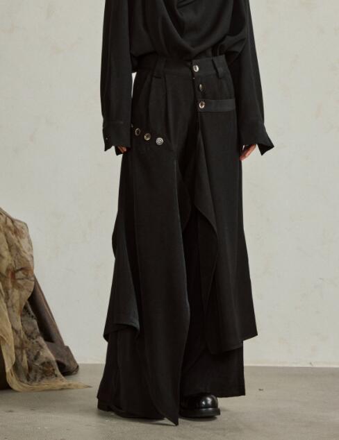 メンズ黒パンツ ワイド不規則デザイン暗黒系ズボン