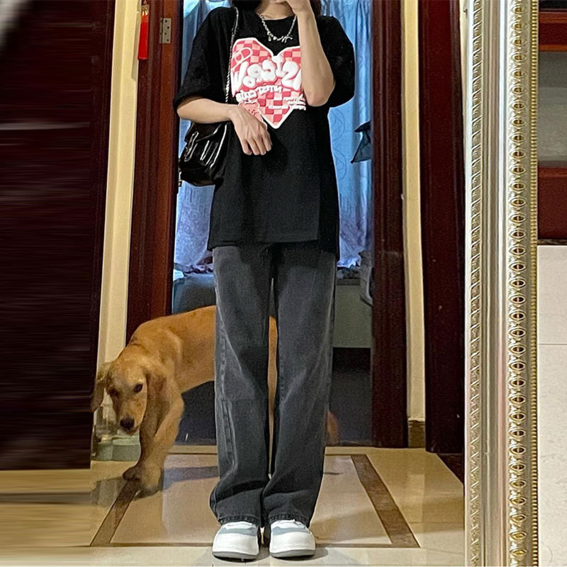 黒パンツ 古着風ゆったりストレートデニム